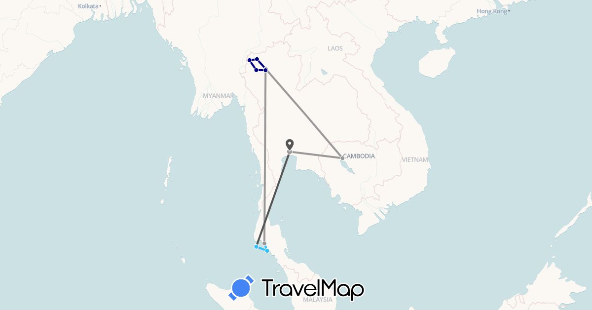 TravelMap itinerary: driving, plane, boat, motorbike in Cambodia, Thailand (Asia)